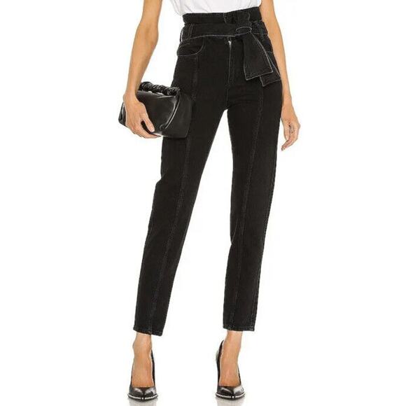 IRO Ouzilly Paperbag Belted Faded Black High Rise Tapered Jeans Size FR 38 US 6 - Picture 3 of 10